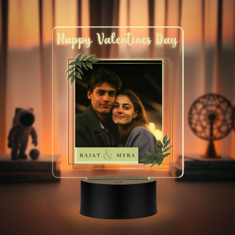 Personalized Happy Valentine's Day Photo Frame LED Lamp with Warm White Light with Black Base Valentine's Day Gift for Couples